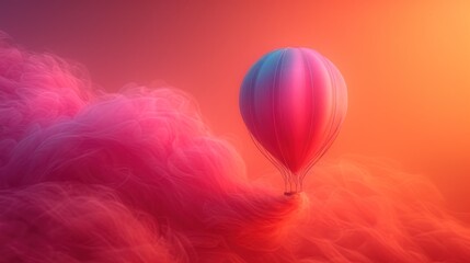  a hot air balloon flying through the air in a pink and red cloud filled sky with a bright orange and blue sky in the background and a red and pink hued.