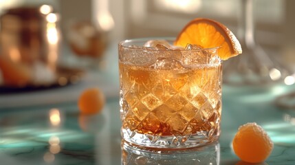  a close up of a glass of a drink with an orange slice on the side of the glass and another glass with an orange slice on the side of the glass.