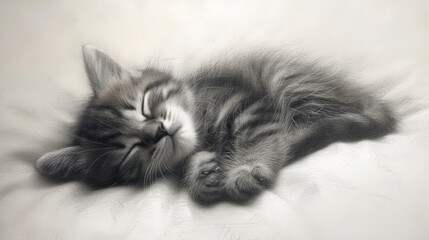  a black and white photo of a kitten sleeping on a bed with it's head on its paws and eyes closed, with it's eyes closed and it's eyes closed.