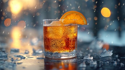 a close up of a glass of soda with an orange slice on the rim and ice cubes on a table with a blurry background of boke of lights.