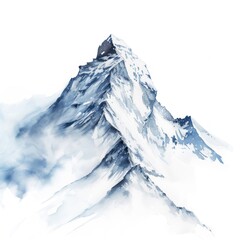 Fototapeta na wymiar a watercolor painting of a mountain peak with snow on it's sides and clouds in the foreground, on a white background with a blue sky and white background.