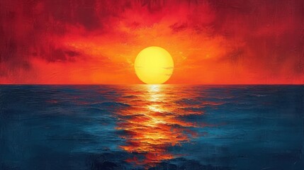  a painting of a sunset over a large body of water with a red and blue sky in the background and the sun reflecting off of the water in the water.