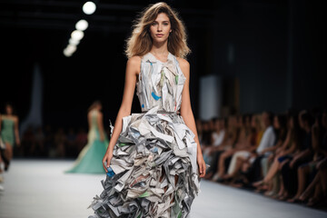 Unique paper dress on runway at fashion event Generative AI image