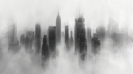 a black and white photo of a city with skyscrapers covered in fog and smoggy clouds in the foreground is a black and white photo of a black and white background.