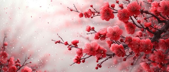  a close up of a tree with red flowers on it's branches with snow falling on the branches and the sky in the back ground behind it is a blurry background.