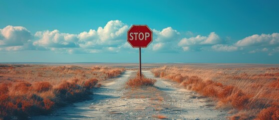  a red stop sign sitting on the side of a dirt road in the middle of a dry grass covered field under a blue sky with white fluffy puffy clouds. - obrazy, fototapety, plakaty