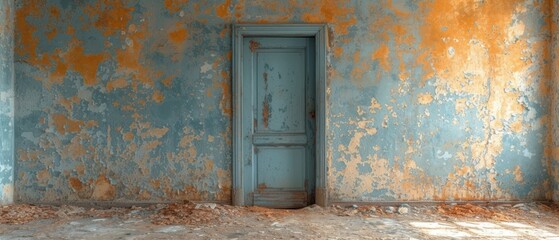  an empty room with a blue door and peeling paint on the walls and a light blue door in the middle of the room with peeling paint on the walls and floor.