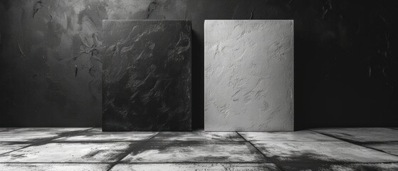  a black and white photo of a room with black walls and a white rectangular object in the middle of the room with a shadow on the floor and on the wall.