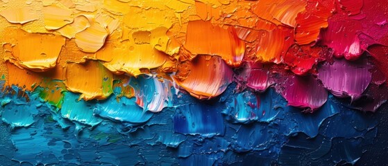  a close up of a multicolored painting with lots of drops of paint on the paintbrushes and the color of the paint is red, yellow, blue, green - obrazy, fototapety, plakaty