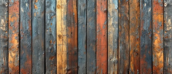  a close up of a wooden fence with paint peeling off of the wood and rusting off of the paint on the side of the fence and bottom of the fence. - obrazy, fototapety, plakaty
