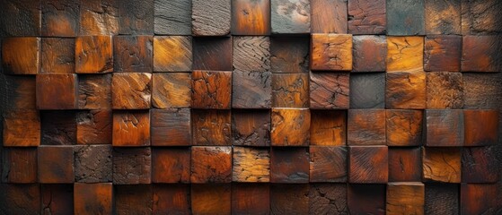  a close up of a wall made out of wooden blocks of varying sizes and colors of brown, brown, yellow, orange, and black, and white colors.