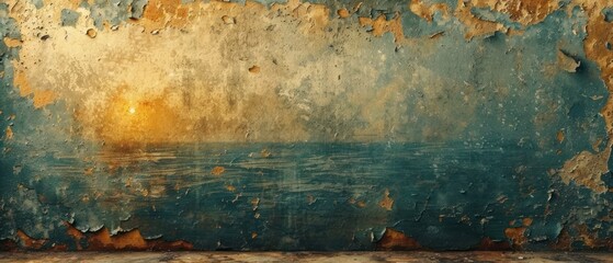  an image of a painting on a wall that looks like it has been painted gold and blue with a boat in the water and a yellow sky in the background. - obrazy, fototapety, plakaty