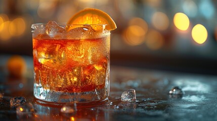  a close up of a drink on a table with ice and a slice of an orange on the rim of the glass, with a blurry background of lights in the background.