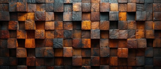  a close up of a wooden wall made out of squares and rectangles of different sizes and colors, with a black background of brown, yellow, red, orange, and black, and white.