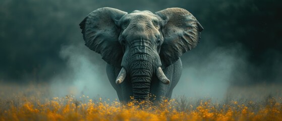  an elephant with tusks standing in a field of tall grass with yellow flowers in the foreground and a forest in the background with trees and yellow flowers in the foreground. - obrazy, fototapety, plakaty