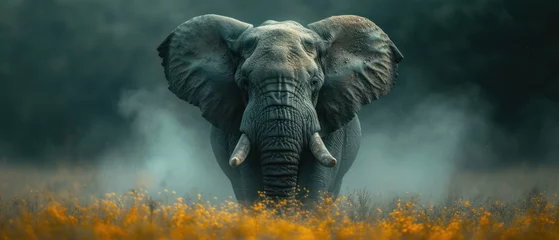 Foto op Aluminium  an elephant with tusks standing in a field of tall grass with yellow flowers in the foreground and a forest in the background with trees and yellow flowers in the foreground. © Jevjenijs