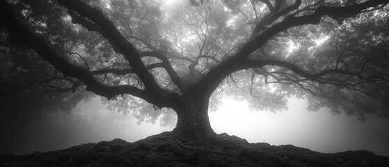  a black and white photo of a large tree in the middle of a foggy forest with the sun shining through the leaves on the branches of the branches of the tree.