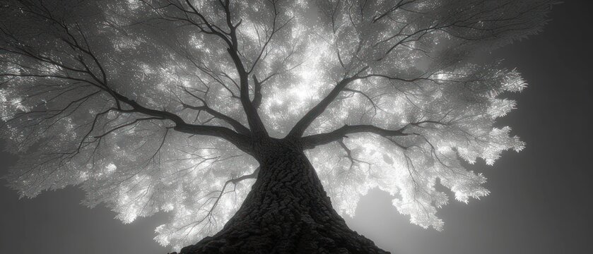  a black and white photo of a tree with the sun shining through the leaves and the branches of the tree in the foreground is a black and white background.