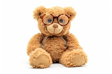Glasses wearing brown teddy bear on white background