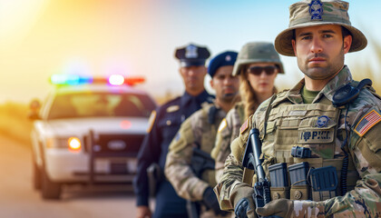 Texas national guard. Portrait of a border patrol agent and a Texas trooper and a Police officer standing out background of a cop car - obrazy, fototapety, plakaty