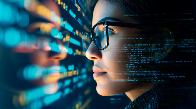 A female IT professional wearing glasses is immersed in analyzing code and data holograms. She researches programming, cybersecurity, and cyber security. Generative AI