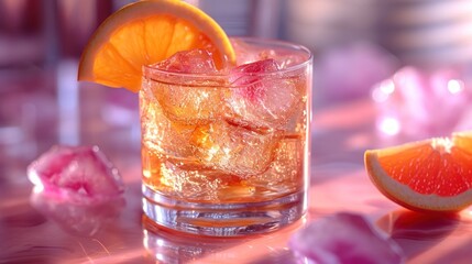  a close up of a glass of water with ice and a slice of orange on a table with ice cubes and a grapefruit in the foreground.