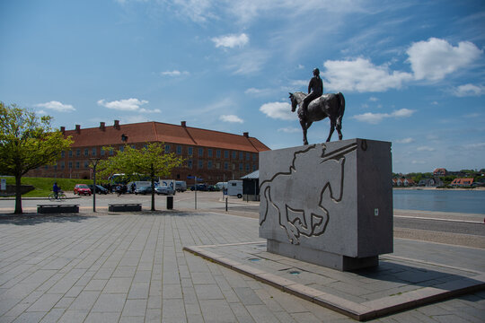 Sonderborg, Denmark  16 May 2023,  Equestrian statue of Hans Par in front of Sonderborg Castle