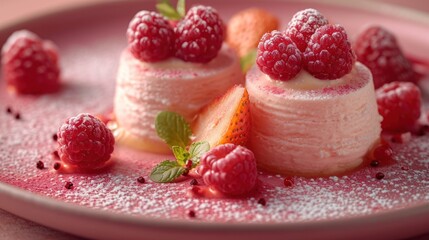 a close up of a plate of food with raspberries and a piece of cake with a bite taken out of one of the cake and some raspberries on the side.