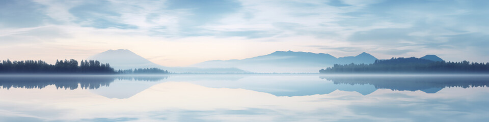 Wide panoramic header; calming rhythm of nature. A quiet blue atmosphere with a calm lake, the reflection of mountains on the water. peaceful landscape banner for contemplation and meditation website