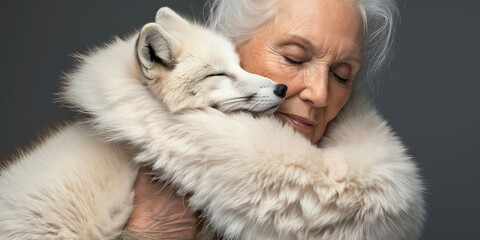 senior woman with white hair gently embraces a white fox, eyes closed in a dark setting. Moment captures a mood, suitable for depicting compassion, ageless love, animal saving.