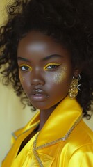 Fashion Model in Yellow Jacket and Chunky Gold Accessories