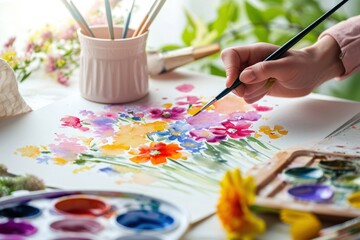 Hand drawn watercolor flower on table in natural setting with palette and brush used for artistic purposes - obrazy, fototapety, plakaty
