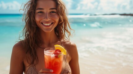Beautiful woman stands in a bikini on the beach looking at the camera smiling and holding a beautiful fruit cocktail