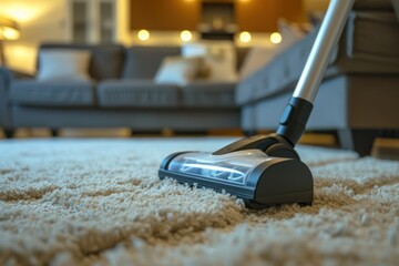 Hand held white cyclonic dust collection technology cordless vacuum powerfully cleans carpet near the sofa in the house Close up