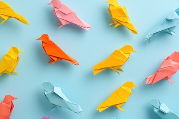Handcrafted paper birds on blue laid flat