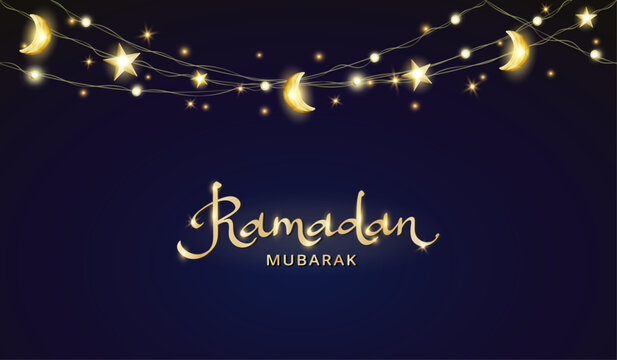 Ramadan Mubarak banner with islamic decoration. Hanging stars and crescents lights string frame. Muslim holidays garland. Night sky shiny moon border. Ramadan calligraphy in arabic style. Vector.