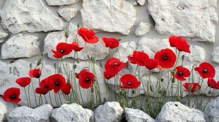 blooming poppies red flowers on a white stone wall background