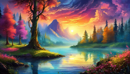 Painting of a river in a forest. Beautiful landscape, sunset, autumn
