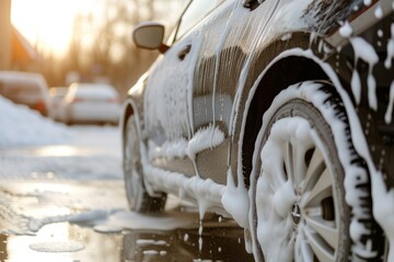 High pressure water washes car with white soap and foam - obrazy, fototapety, plakaty