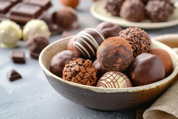 Homemade chocolate truffles displayed on a ceramic table dish