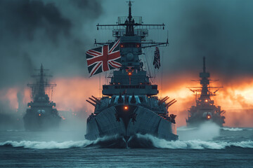 Warships with the UK flag at sea. - obrazy, fototapety, plakaty