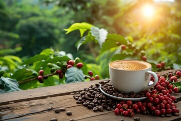 Hot coffee cup with fresh organic red coffee beans and roasted coffee beans on wooden table and plantation background with copy space for text