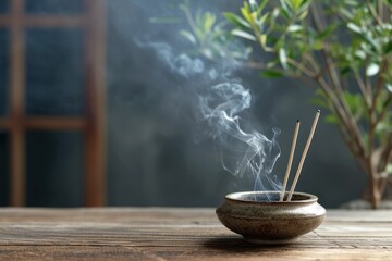 Indoors table with smoldering incense sticks and text area