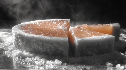  a slice of orange sitting on top of a pile of sugar next to a slice of orange on top of a pile of sugar on top of other pieces of sugar.