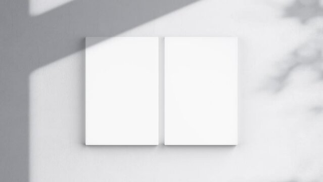 Two Canvases Video Mockup 2x3, Blank Vertical Canvas On White Wall, Art Mockup, Minimalist Motion Mockup