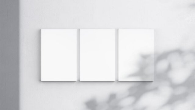 Three Canvases Video Mockup 2x3, Blank Vertical Canvas On White Wall, Art Mockup, Minimalist Motion Mockup