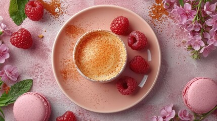  a close up of a plate of food with raspberries and a cup of coffee on a saucer with ice cream and...