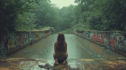  a woman sitting on the edge of a bridge next to a body of water with graffiti on the side of the...