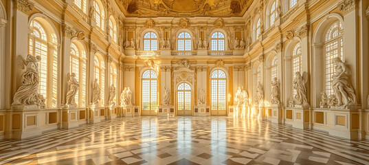Luxury classic gold palace interior with statues and marble floor. hall of Chateau. Luxurious palace royal interior, fragment of the interior