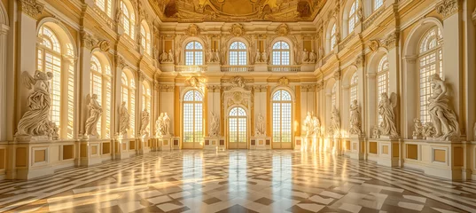 Fotobehang Luxury classic gold palace interior with statues and marble floor. hall of Chateau. Luxurious palace royal interior, fragment of the interior © Viks_jin